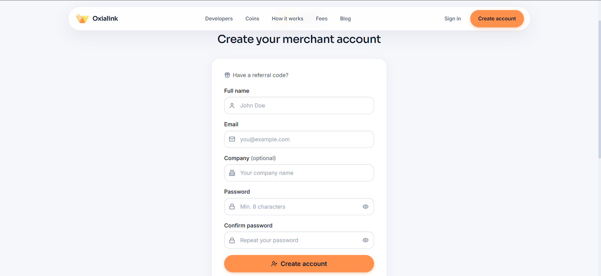 The Oxialink merchant signup form, asking for name, email, optional company and a password