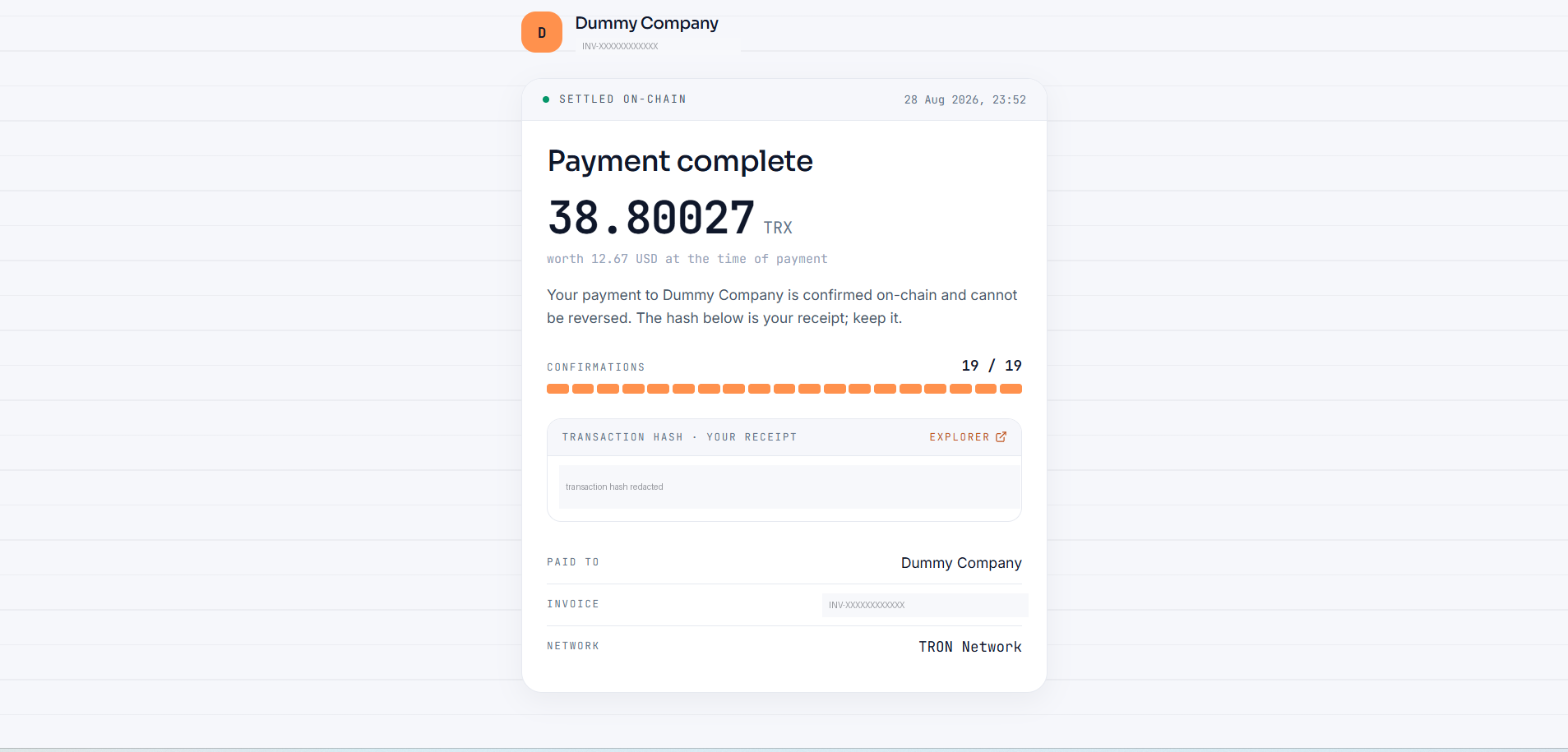 The Oxialink payment page after settlement, showing payment complete