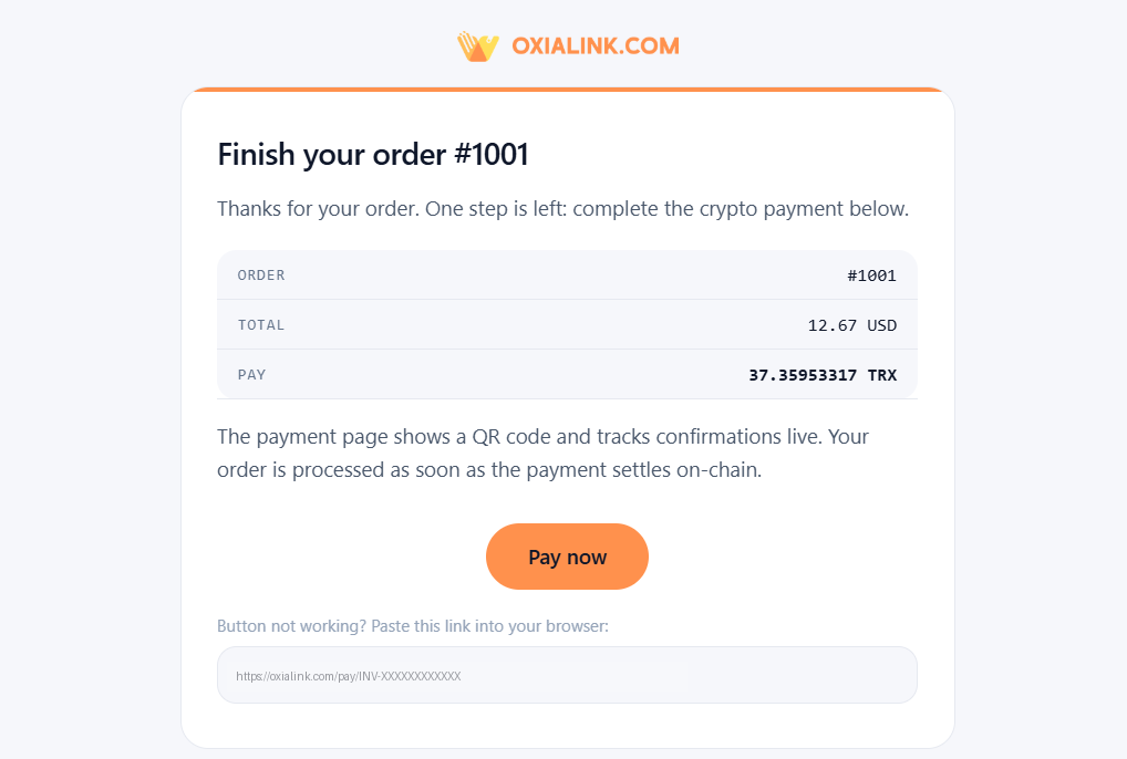 The payment link email, showing the amount in TRX