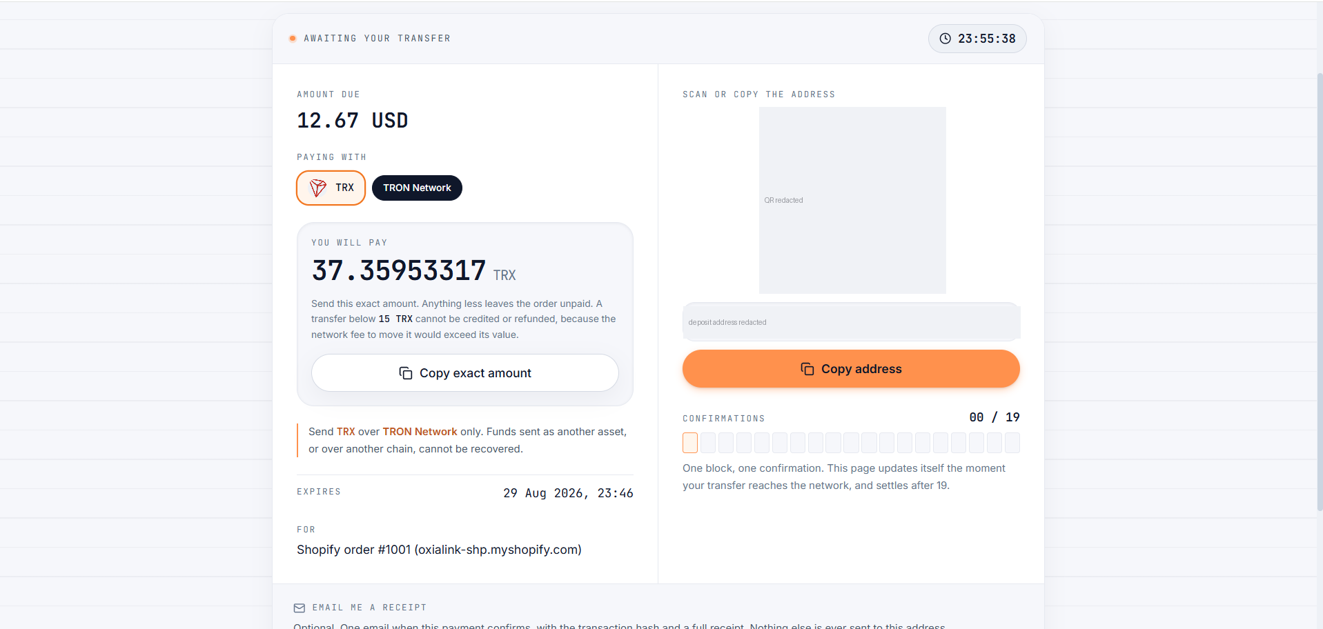 The Oxialink payment page with QR code, exact amount and live confirmation count