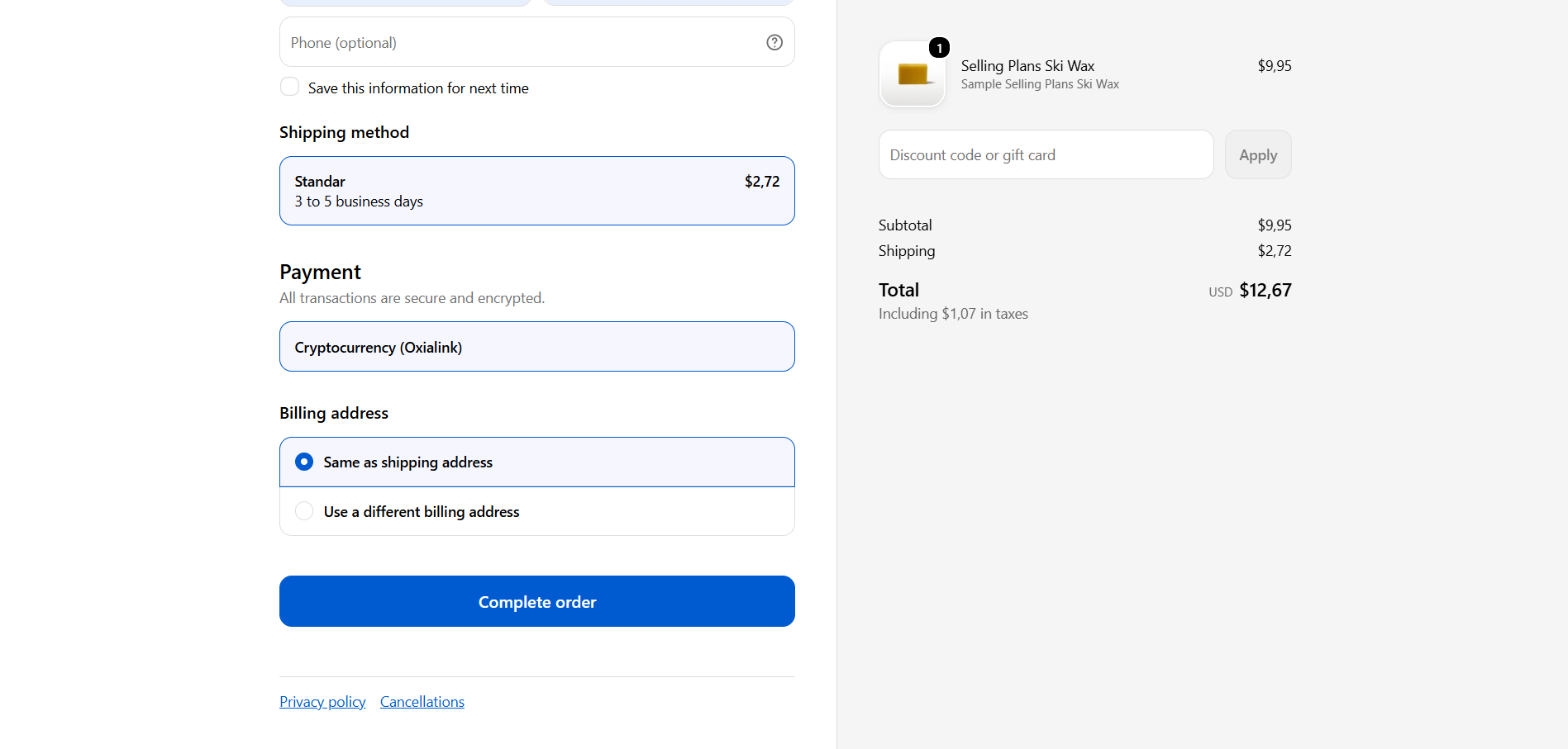 Shopify checkout showing Cryptocurrency (Oxialink) as the payment method