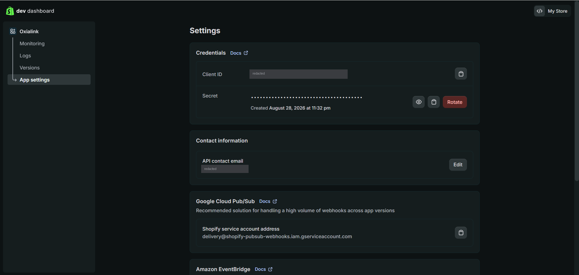 App settings, showing the Credentials panel with Client ID and Secret