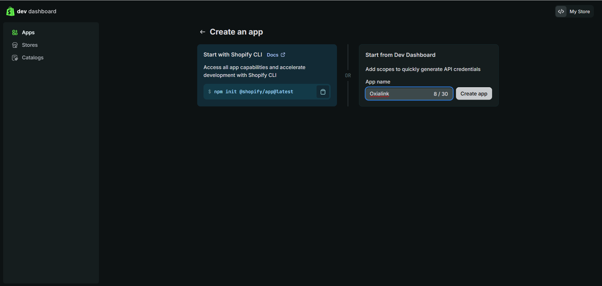 Shopify Dev Dashboard, Create an app, with the Shopify CLI option on the left and Start from Dev Dashboard on the right
