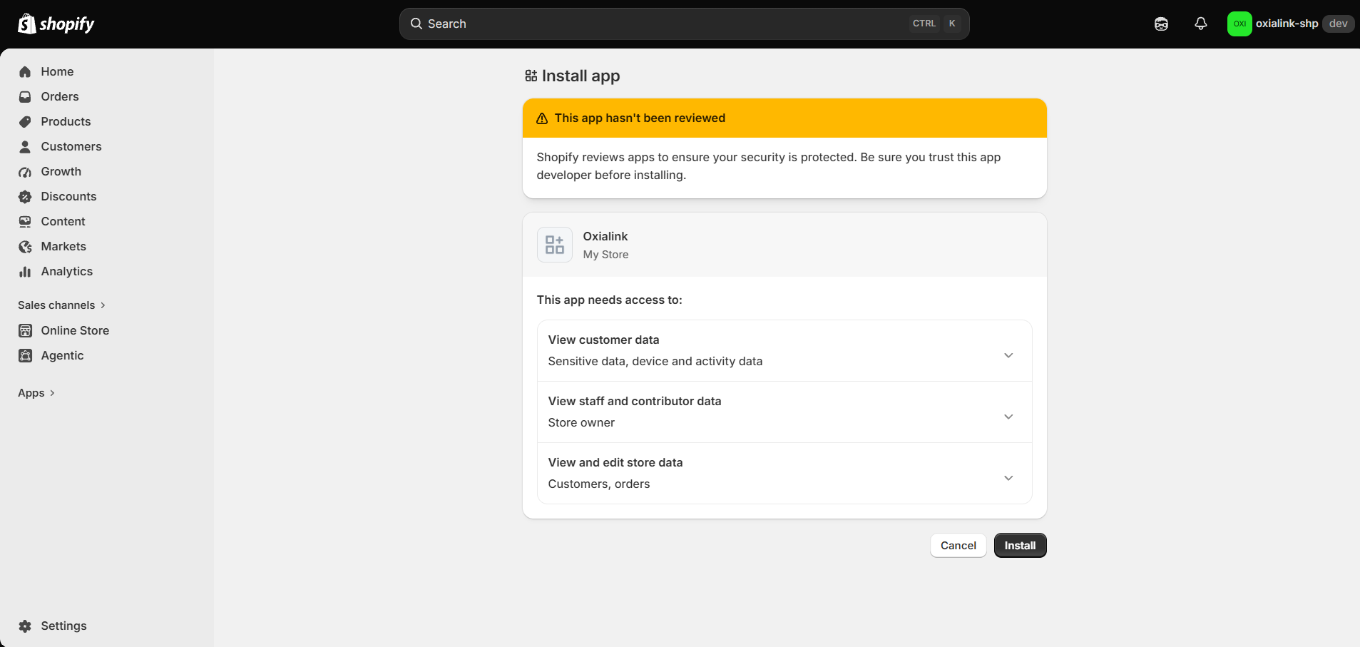 The Shopify install screen listing the permissions the app is asking for