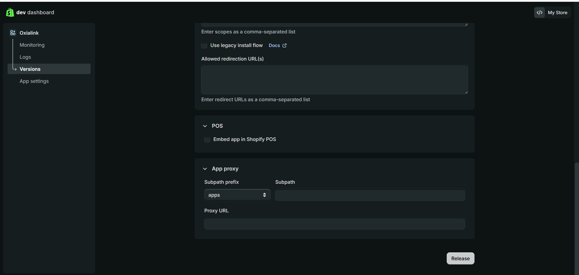 The bottom of the version screen, showing POS, App proxy and the Release button