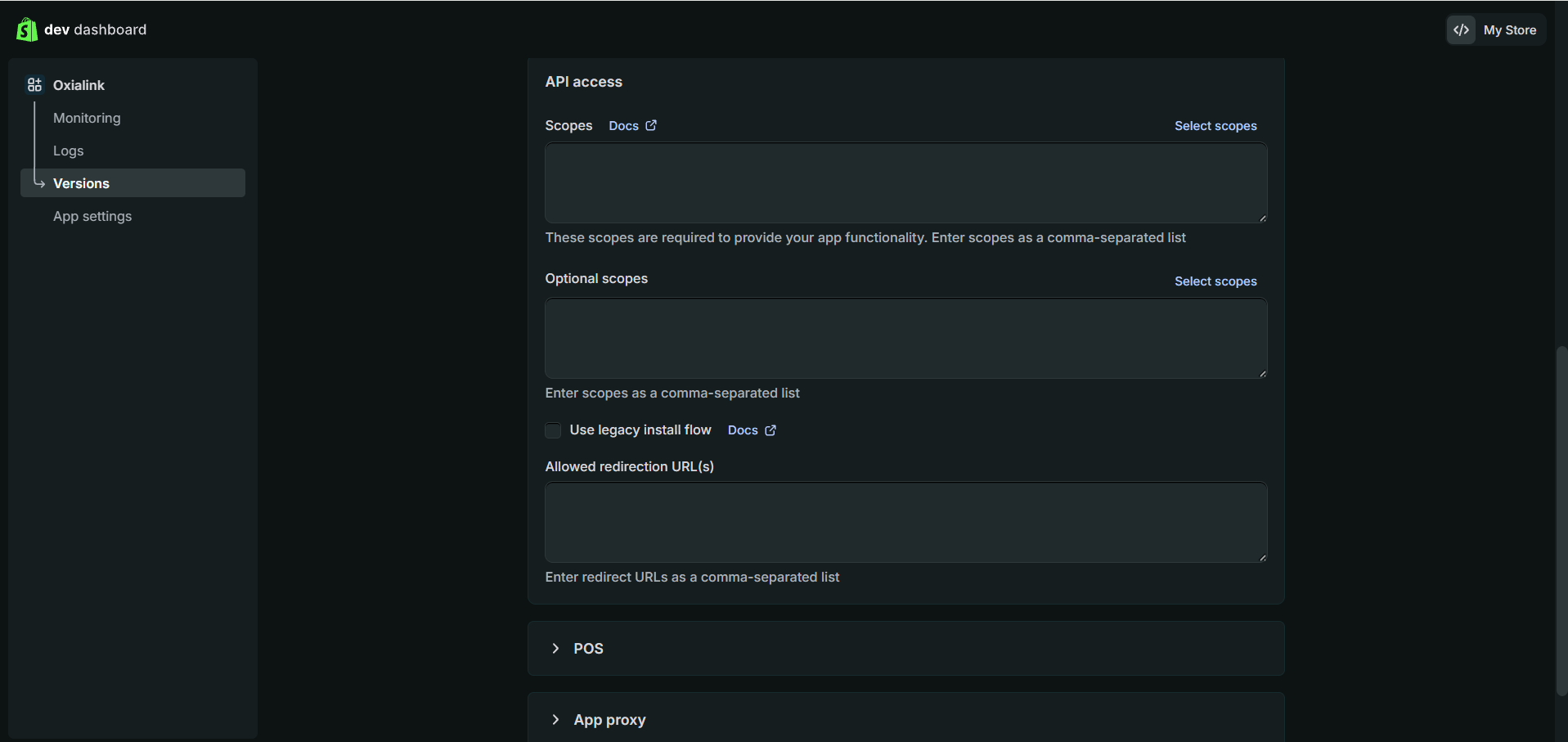 The API access section, with the Scopes box that takes a comma-separated list