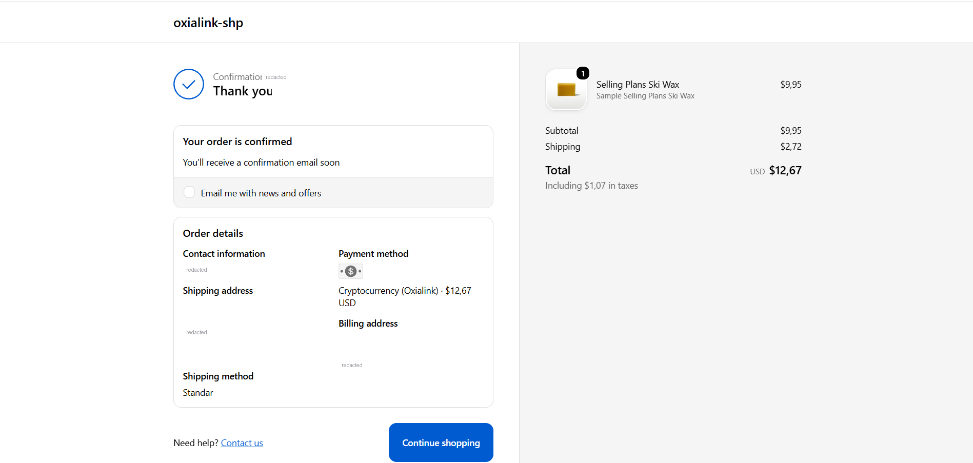 The Shopify thank-you page after ordering with the crypto method