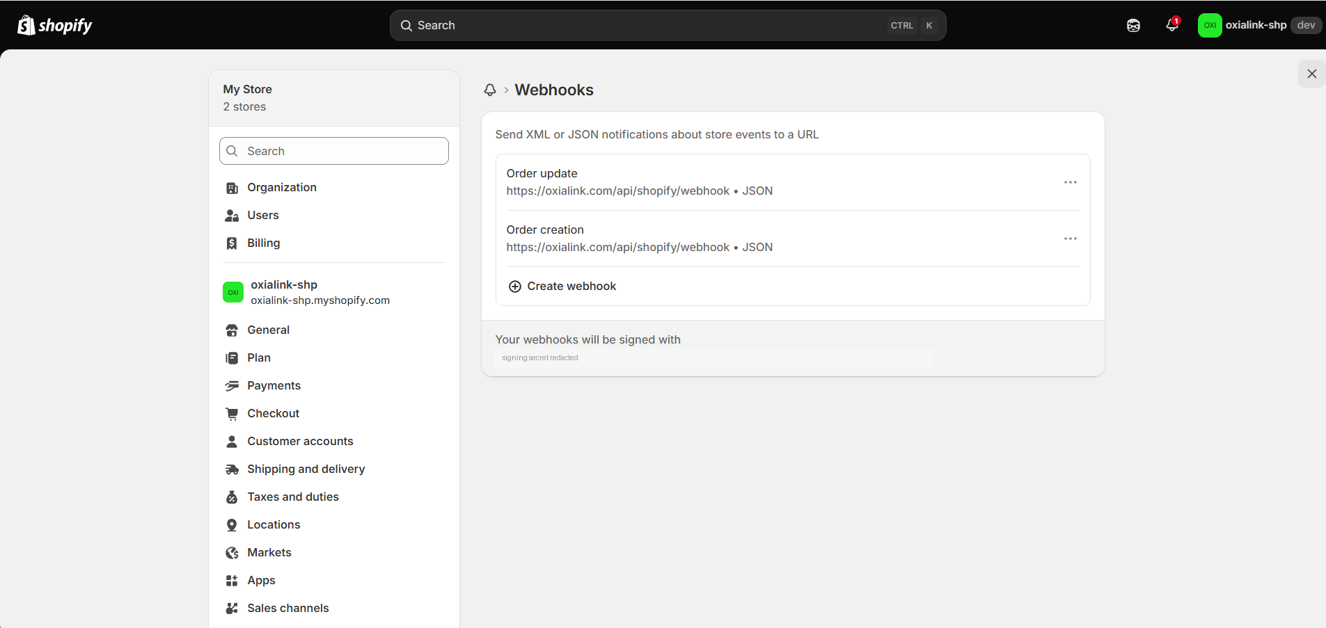 Shopify Notifications, with Order creation and Order update both pointed at the Oxialink webhook address